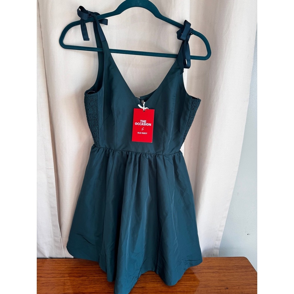 Old Navy The Occasion Teal Smocked Fit & Flare Mini Dress Tie Shoulder XS Petite
